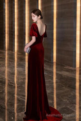 Wine Red Velvet Long Round Neckline Party Dress, Wine Red Prom Dresses